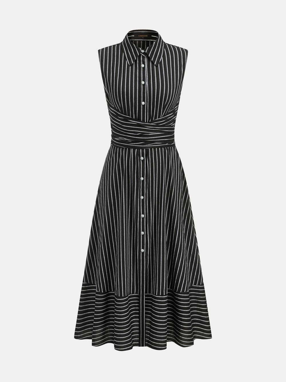 Commenae sleeveless Black & White Striped Shirt Dress with tie waist
